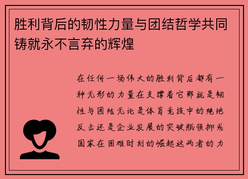胜利背后的韧性力量与团结哲学共同铸就永不言弃的辉煌